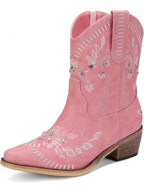 Women's Pink Embroidered Western Ankle Boots